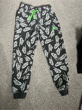 Nike charcoal Joggers with White Logo Print and Neon Green Drawcord